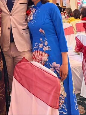 Vietnamese Traditional Dress Aó Dài Blue Floral High Neck Long Sleeve XS